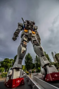 Life-size Gundam robot statue representing Japanese anime culture and technological innovation