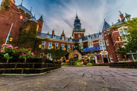 Imposing medieval European castle with historic stone architecture and fortress design