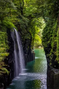 Cascading waterfall flowing through misty forest with lush green vegetation and moss-covered rocks