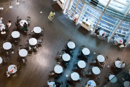 Aerial view of modern Japanese interior space with geometric patterns and contemporary design elements